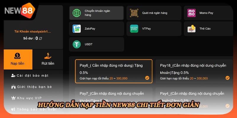 Hướng dẫn nạp tiền New88 chi tiết đơn giản